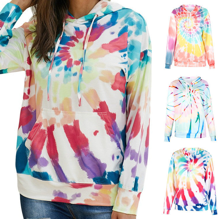 Dame løs tie-dye printet hættetrøje med lange ærmer