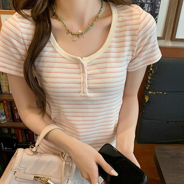 American Retro Shoulder Striped Short Sleeve