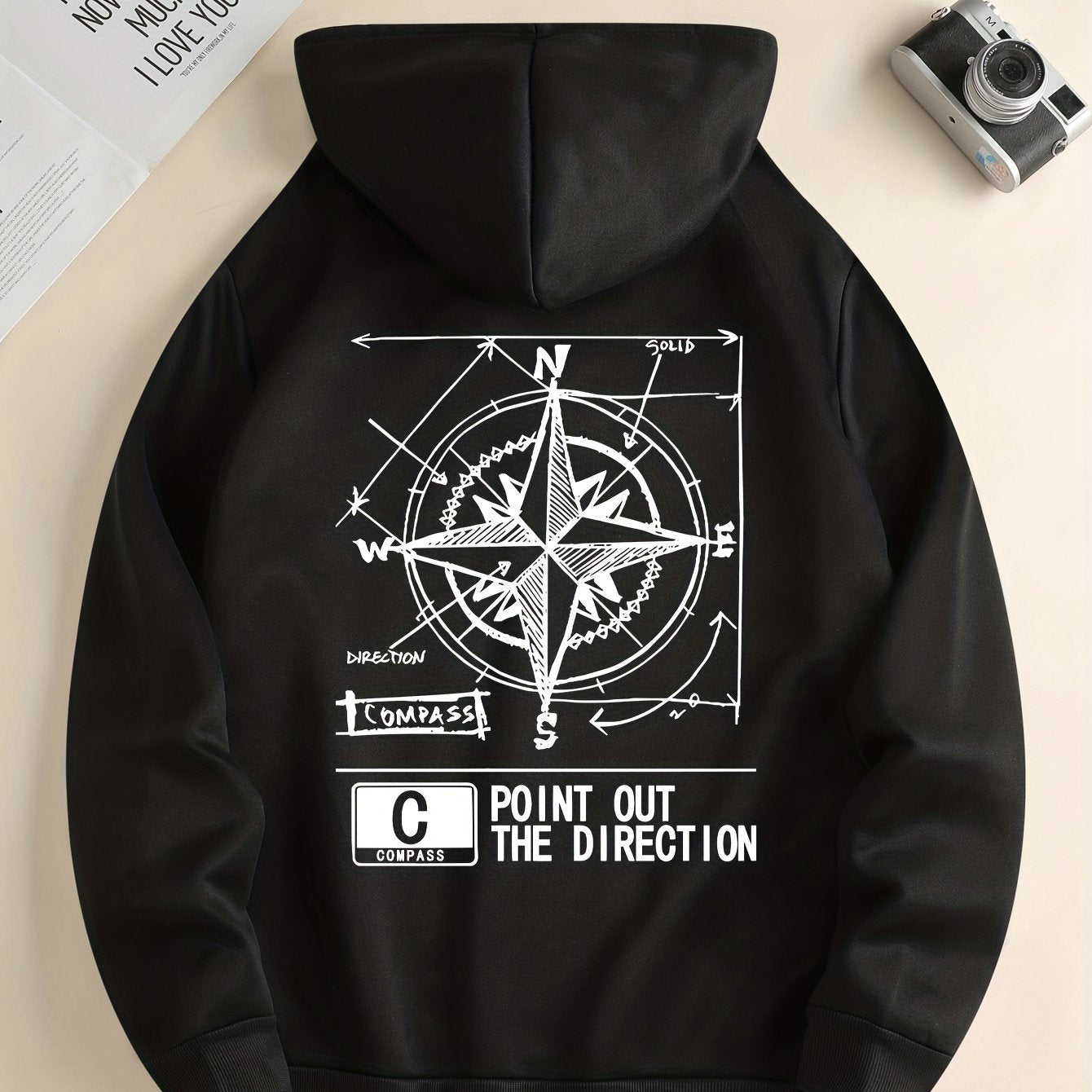 Fashion Green Compass Pattern Hoodie Casual Autumnwinter Pullover With Drawstring Kangaroo Pocke