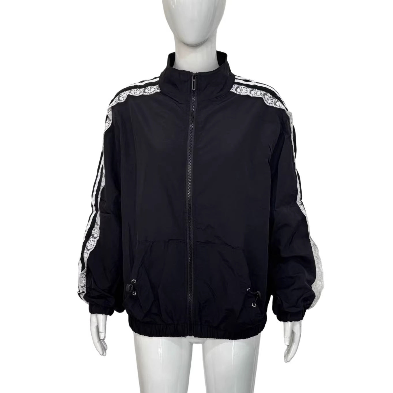 Retro Black Loose Casual Sports Top With Lace Trim