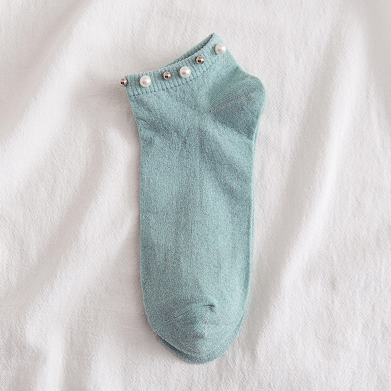 New Female Handmade Beaded Silver Silk Pearl Boat Socks