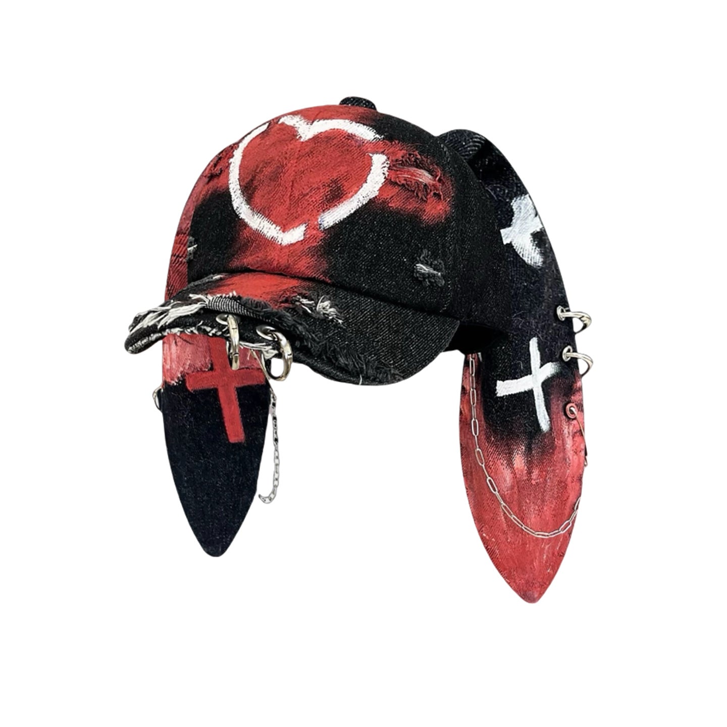 Rabbit-ear Cap With A Snapback Brim Denim-washed With Graffiti Design