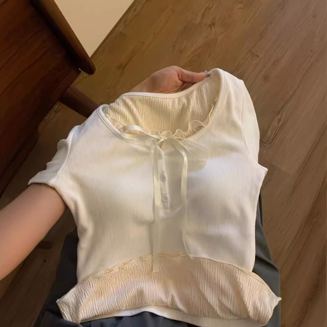 Women's Top With Chest Pad And Wooden Ear Fake Two-piece T-shirts