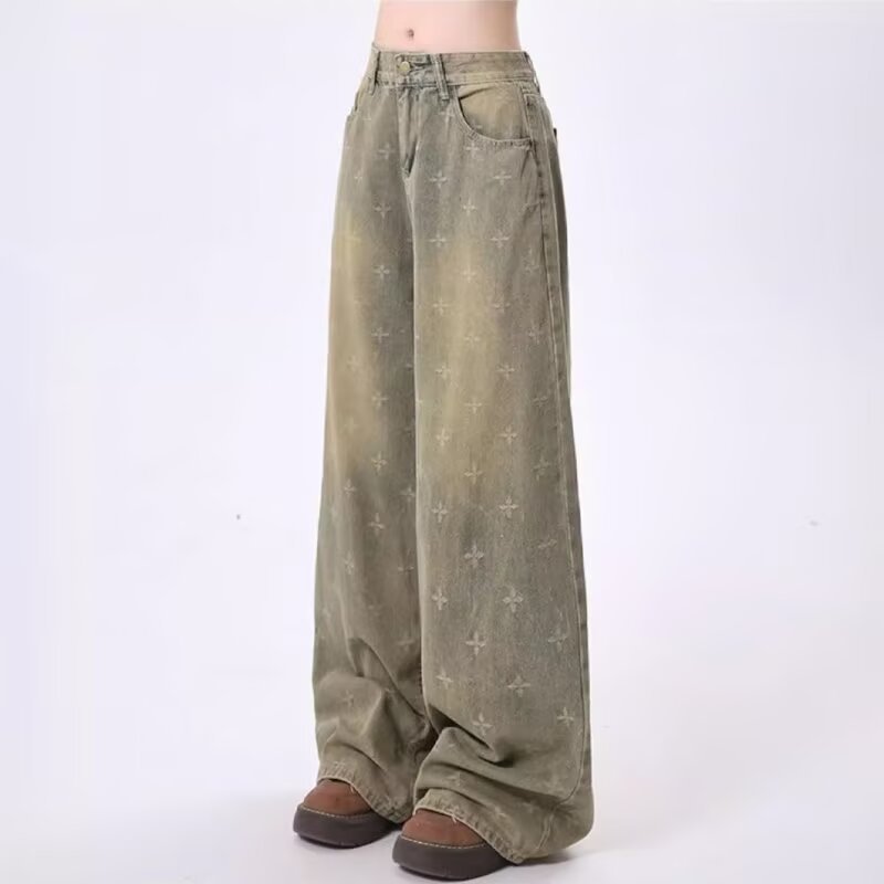 Womens Retro Heavy-Print Cross-Star Design Wide Straight Pants