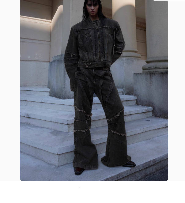 Niche retro-look slidt, vasket denimfrakke med skulderpuder