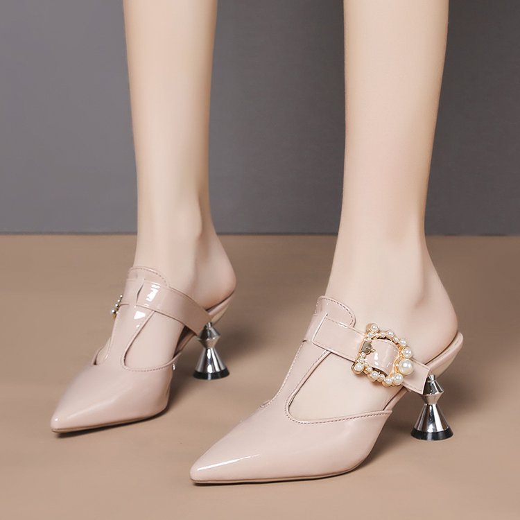 Summer Fashion Pointed-toe Slip-on High Heel Large Size Belt Pearl Round Buckle Sandals