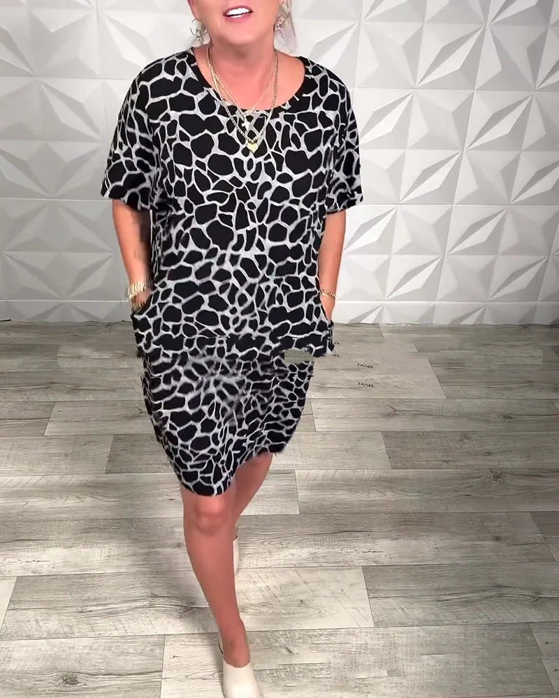 Printed Crew-Neck Loose Casual Stylish Short-Sleeve Comfortable Relaxed-Fit Dress
