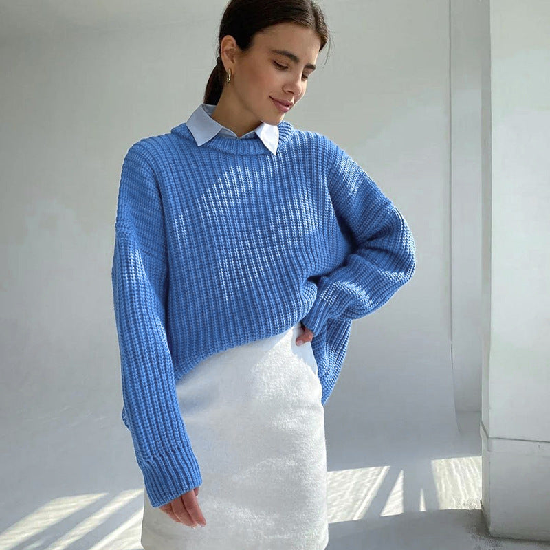 Relaxed-fit Crew-neck Solid-color Long-sleeve Laid-back Style