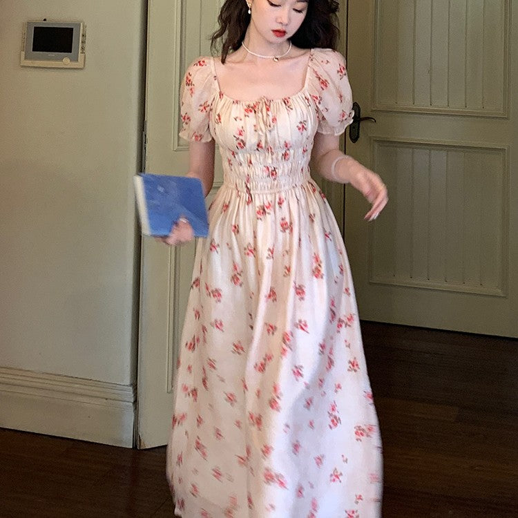 French Retro Court Style Floral Square Neck Dress