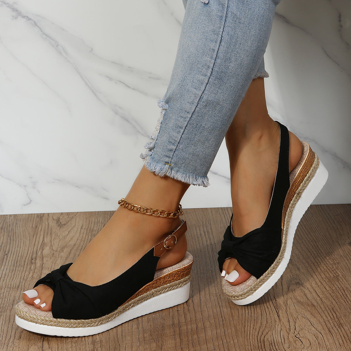 Women's Hemp Rope Bow Wedge Casual Sandals