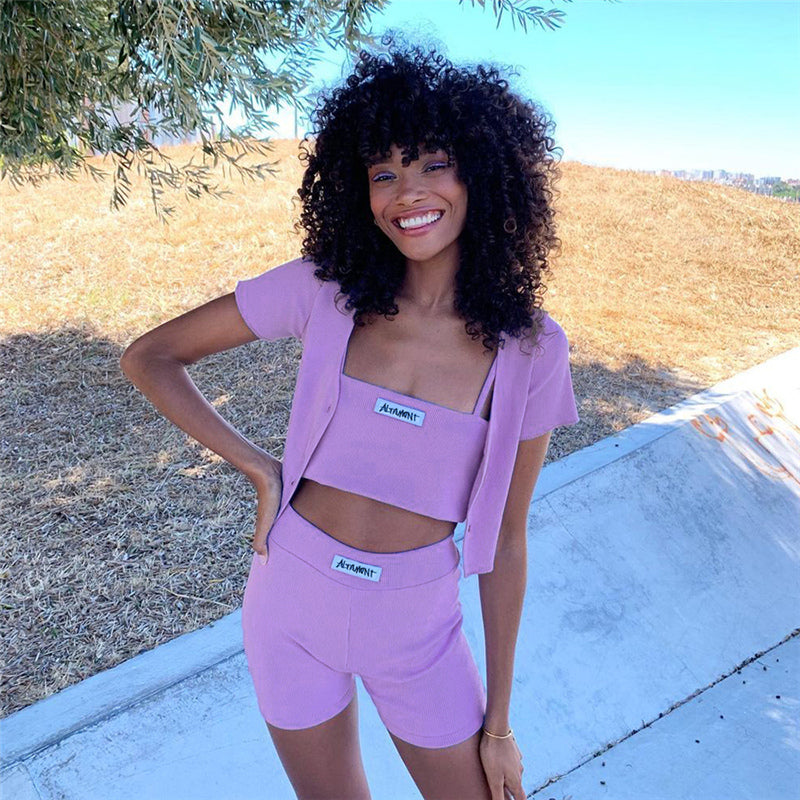 New Daily Casual Style All-match Solid Color Suit Female Hot Girl Slim Sling High Waist Shorts Three-piece Summer