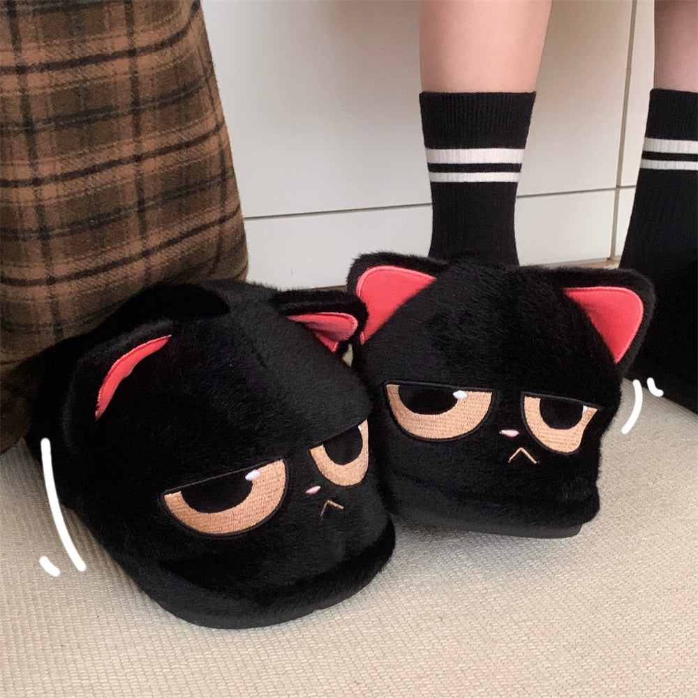 Cute Couple Angry Little Black Cat Fur Men And Women Thermal Cotton Slippers