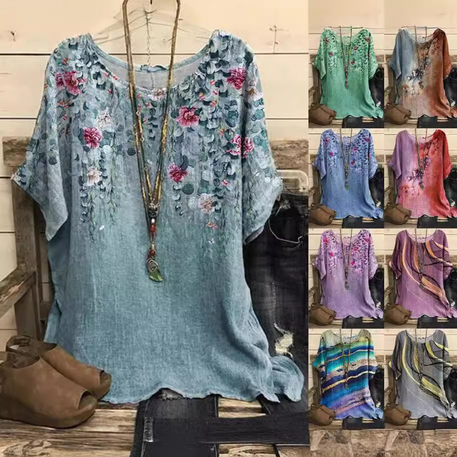New Casual Loose Printed Crew Neck Top