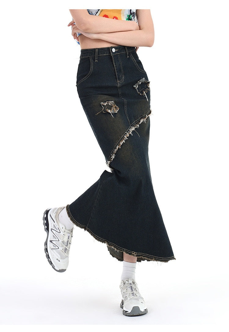 Retro Hot Girl High Waist Stretch A- Line Denim Skirt Women's Mid-length