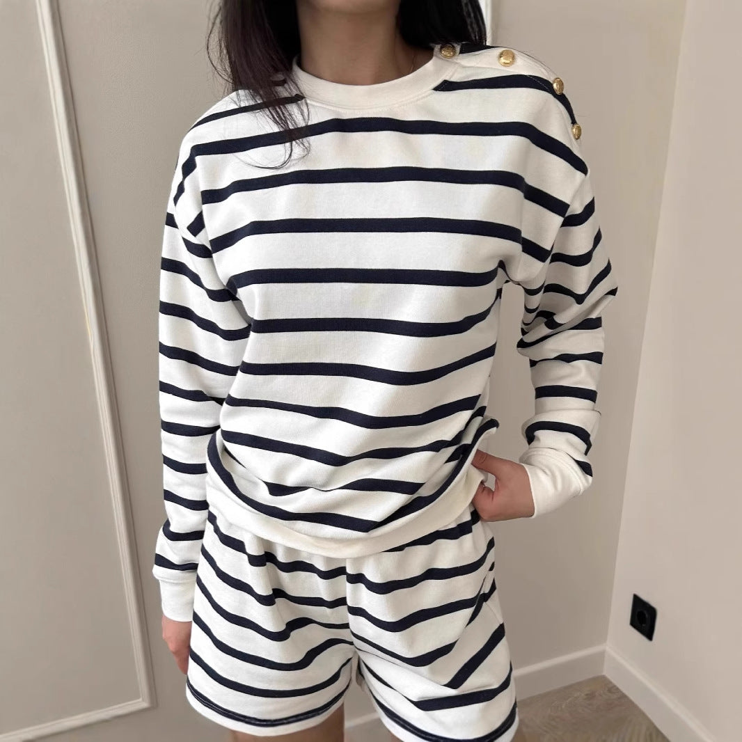 Soft Cotton Striped Suit Casual Long Sleeve Sweatshirt And Shorts