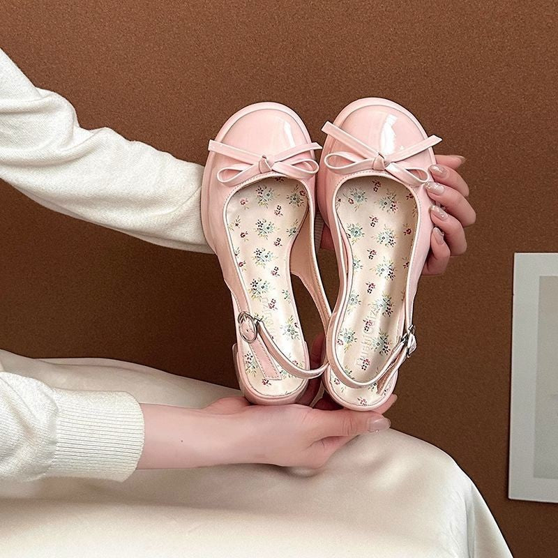 Summer New All-match Bow Satin Toe Cap Slingback Sandals