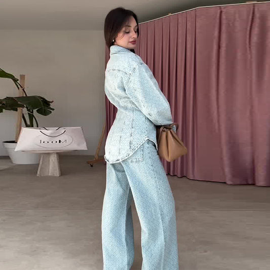 New POLO-collar, Cinched-waist Denim Casual And Comfortable Set