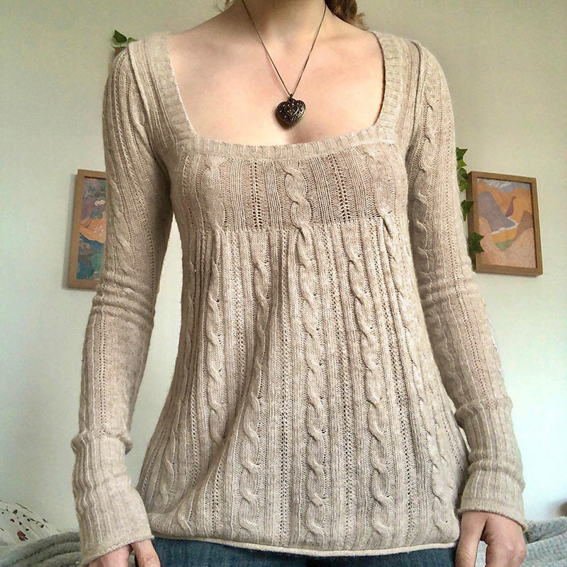 Retro Low Collar Square Collar Twisted Khaki Sweater