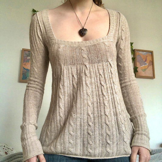 Retro Low Collar Square Collar Twisted Khaki Sweater