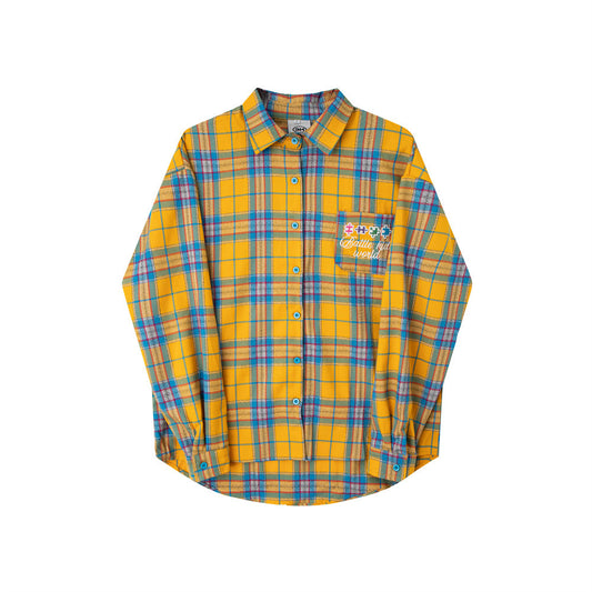 Contrast Color Veneer Puzzle Embroidery Long Shirt Lapel