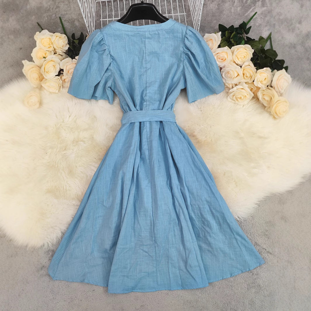 Womens Blue High-waisted Short-sleeve Lace-up Dress