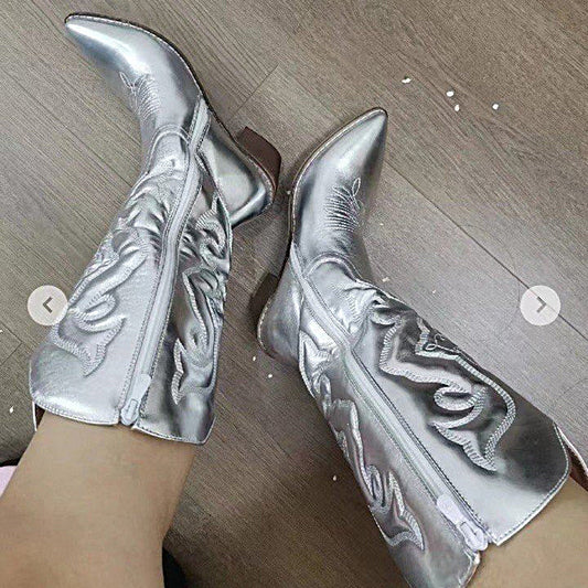Embroidered Women's Mid-calf Fluorescent Pointed Martin Boots Chunky Heel Plus Size Boots
