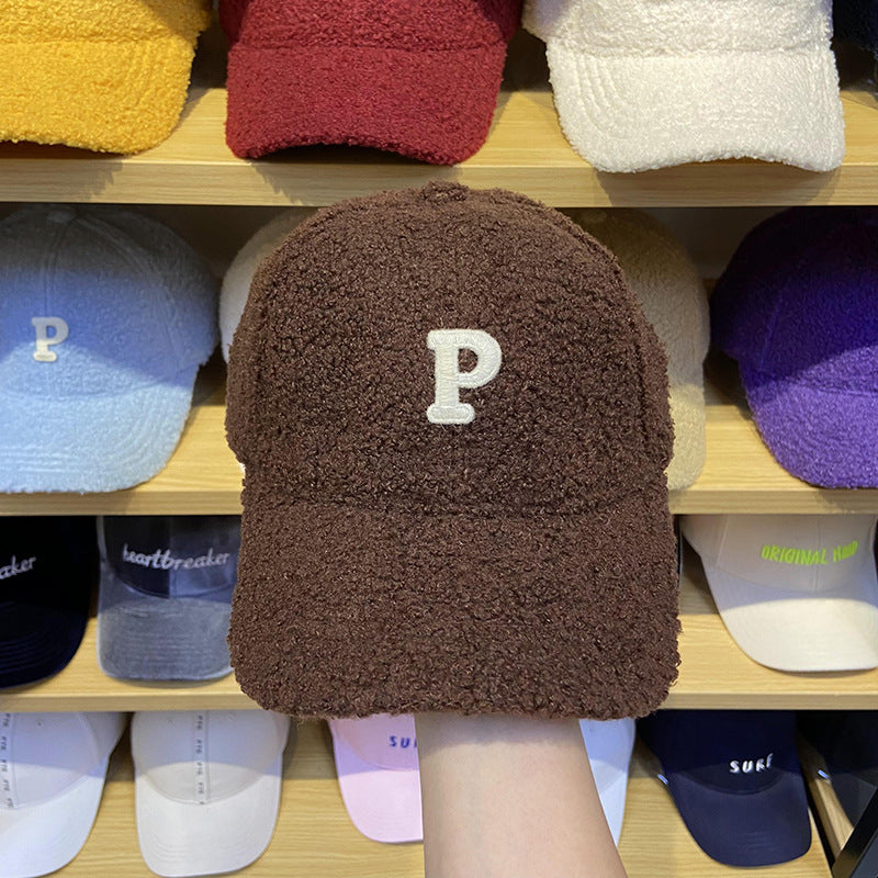 Lamb Hair Letter P Baseball Hat Female