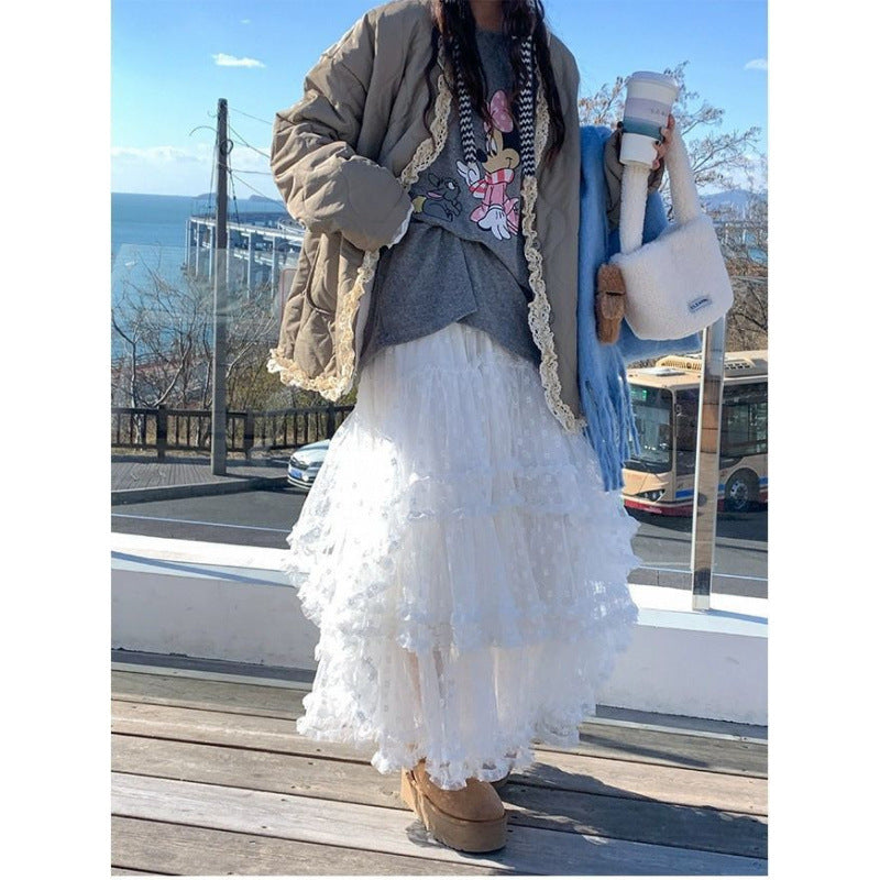 Lace Stitching High Waist Mid-length Skirt
