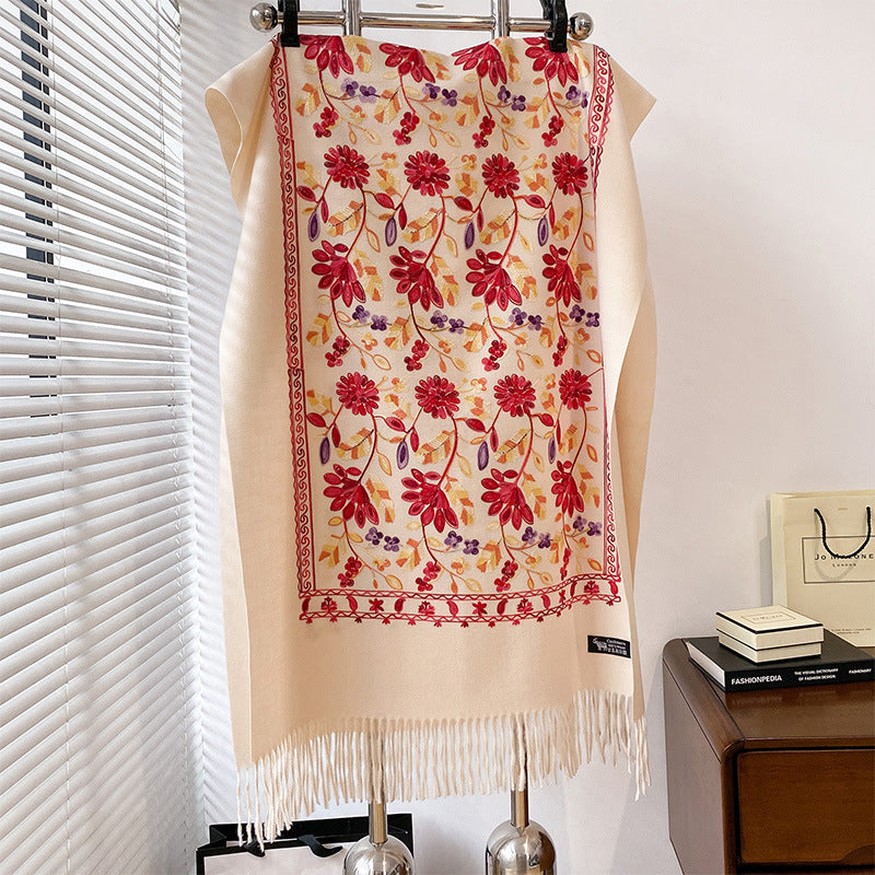 Autumn And Winter Plant Flowers Embroidered Retro Artistic Ethnic Style Cashmere-like