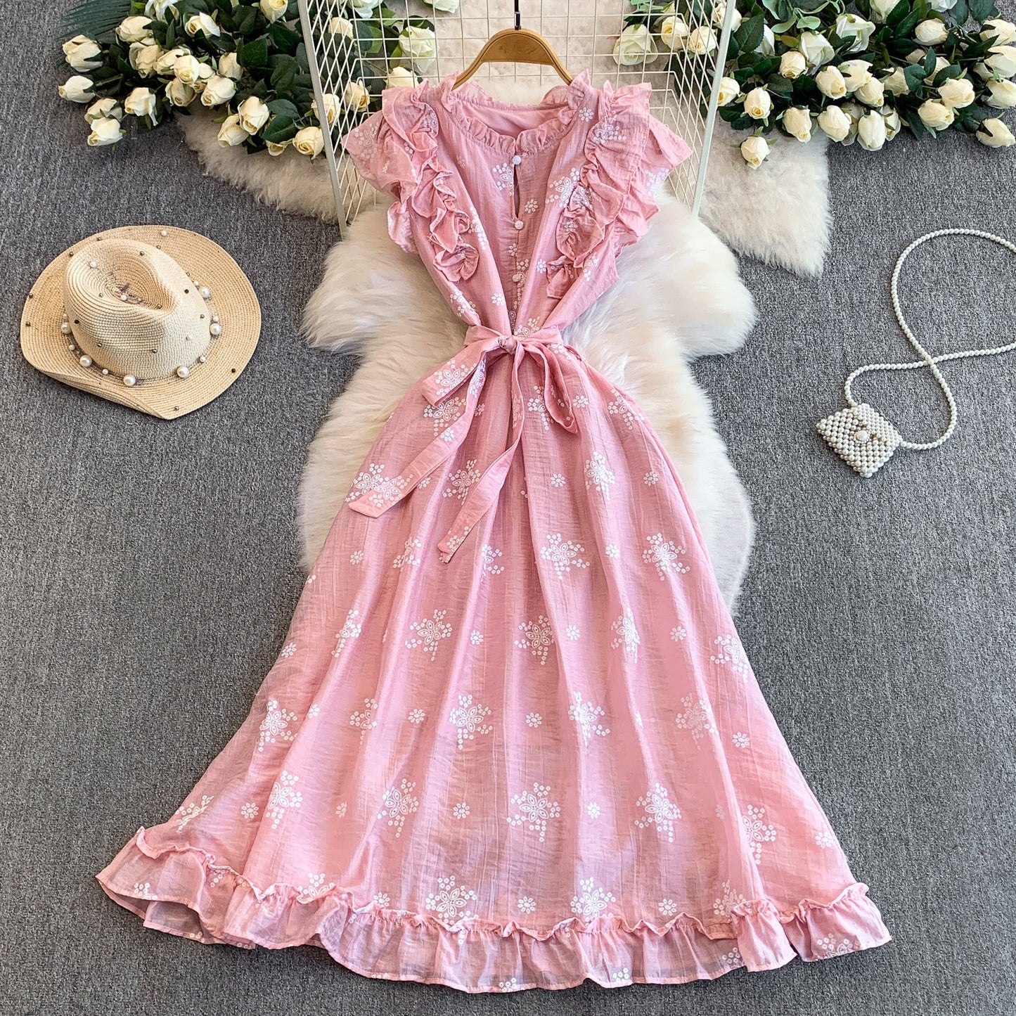 Sweet Ruffled Embroidered Round-Neck Dress Womens SpringAutumn Belted Waist Princess Long Gown