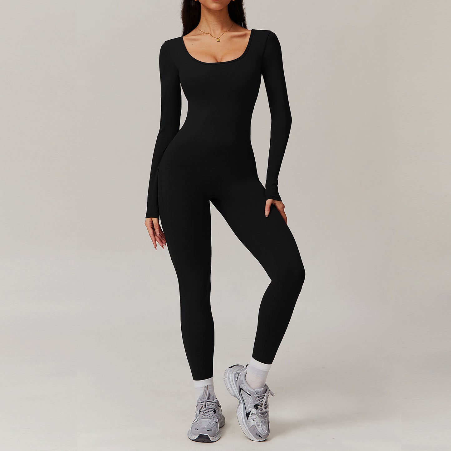 Women's Solid Color Back Nude Feel Long Sleeve Yoga Jumpsuit