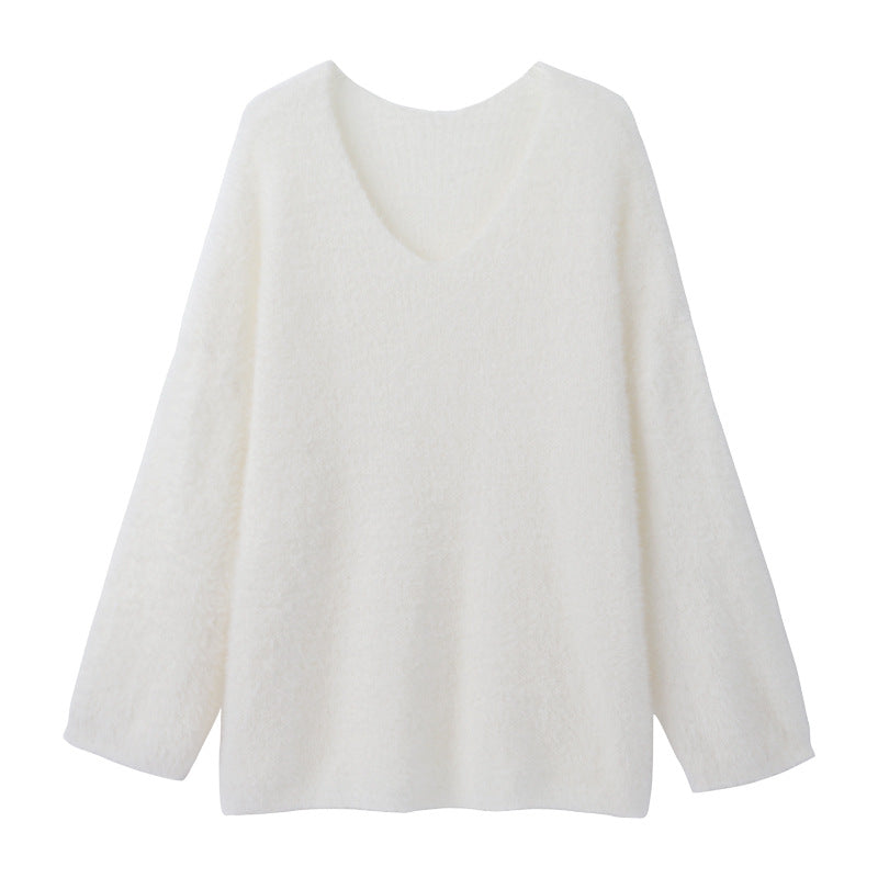 Women's Pure Color All-matching V-neck Off-shoulder Pullover