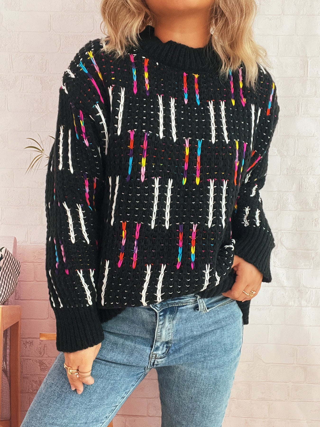 Contrast Color Cute Style Knitted Pullover Sweater For Women