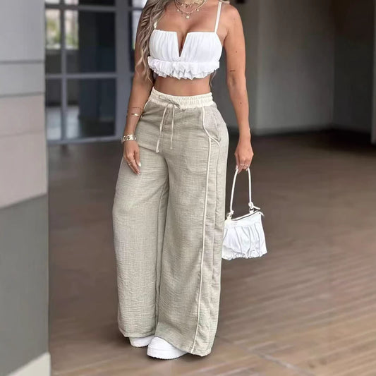 Panel-joined High-waist Straight-leg Wide-leg Pants With Pockets