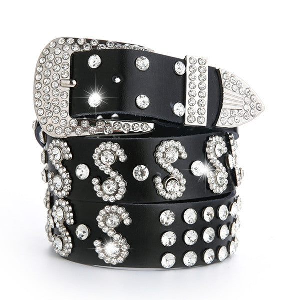 Leather Rhinestones Diamond Fashion All-match Decoration Ladies Jeans Wide Belt
