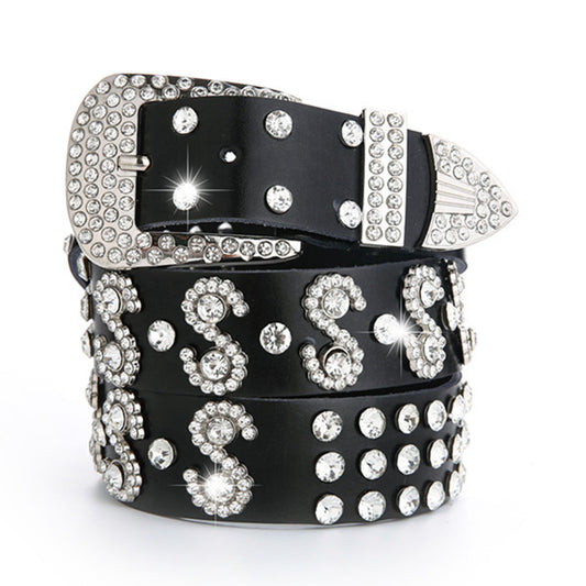 Leather Rhinestones Diamond Fashion All-match Decoration Ladies Jeans Wide Belt