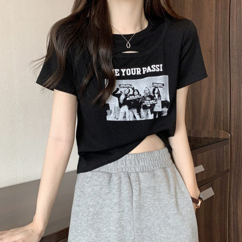 High-Waisted Midriff-Baring Retro American-Style Short-Sleeve T-Shirt