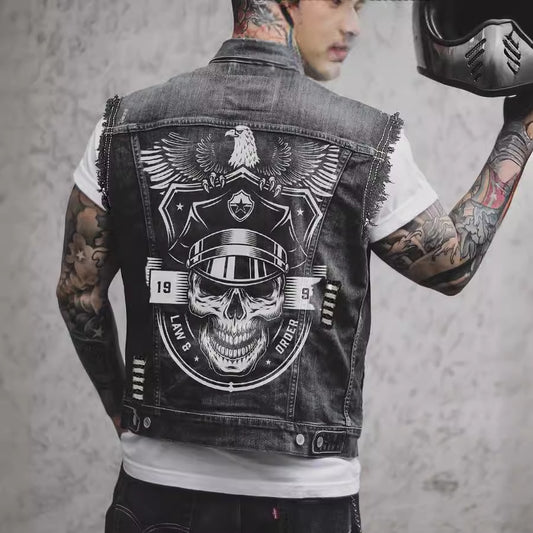 Street Denim Vest Multi-bag Distressed Sleeveless Jacket
