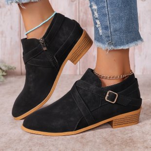 Womens Large-Size Leather Boots With Side Zipper And Cross Straps