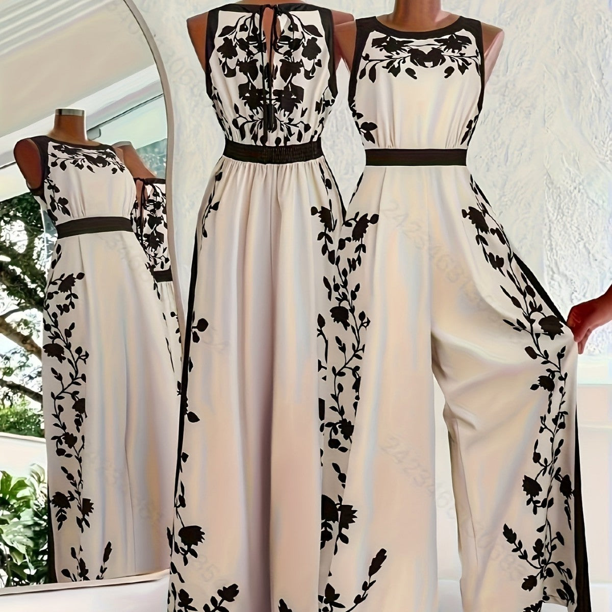 Elegant Sleeveless Womens Casual Printed Jumpsuit With Open Back
