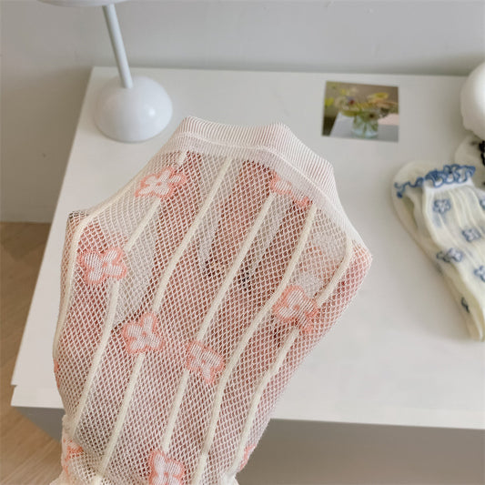 Mesh Stockings Children's College Style Wooden Ear Vertical Stripes Small Flower Tube Socks