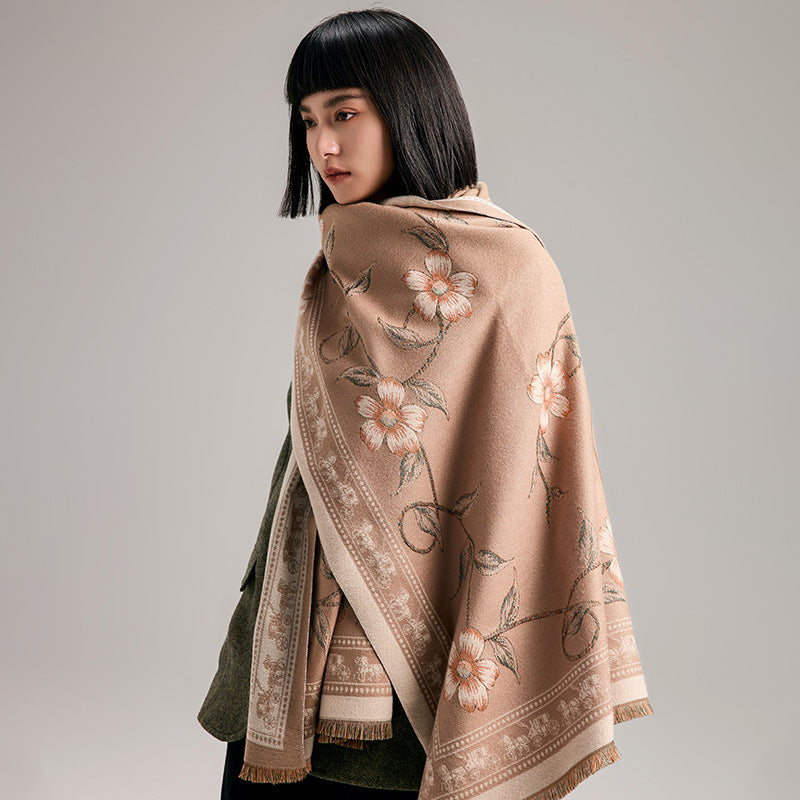 Retro National Style Texture Printed Double-sided Thermal Scarf Shawl Outer Match