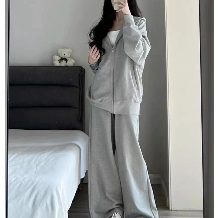 Autumn And Winter Loose Lazy Style Hooded Jacket Student Korean Version Wide-leg Pants Casual Two-piece Set