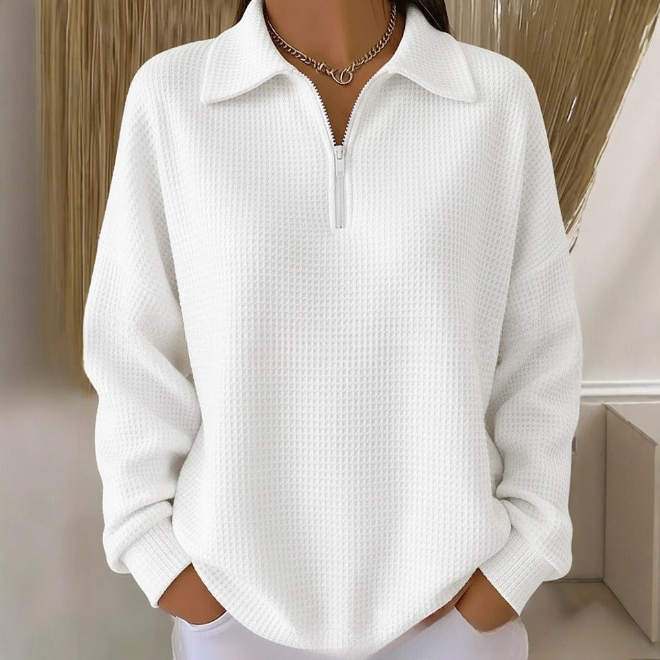 Turn-down Collar Pullover Drop Shoulder Half-zip Waffle Long Sleeve Women's POLO Top