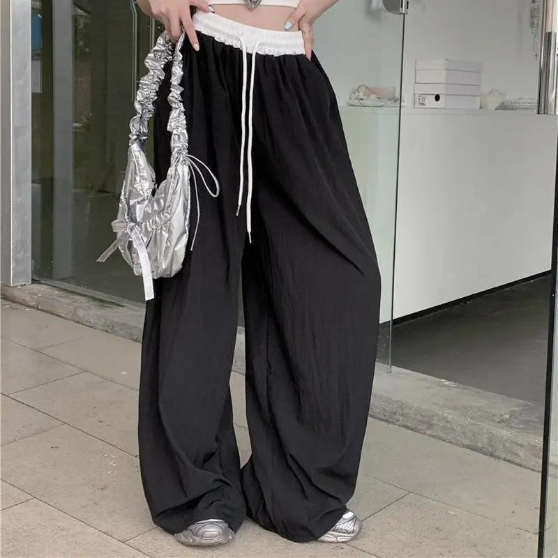 American Retro Street Style Stitching Contrast-color High Waist Tooling Pants