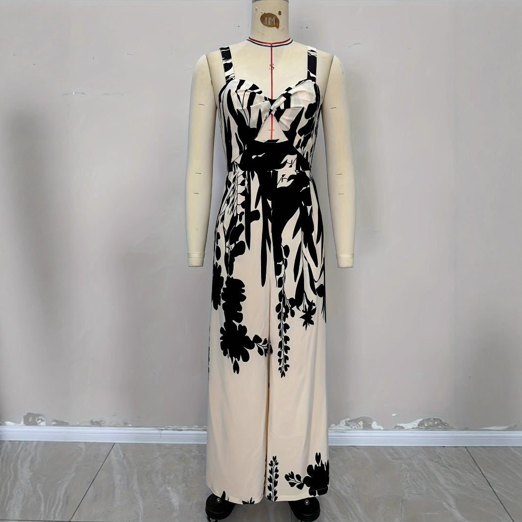 Ethnic-style Printed Ruched Waist With A Tie-detail Designcasual Vacation-ready Womens Jumpsuit