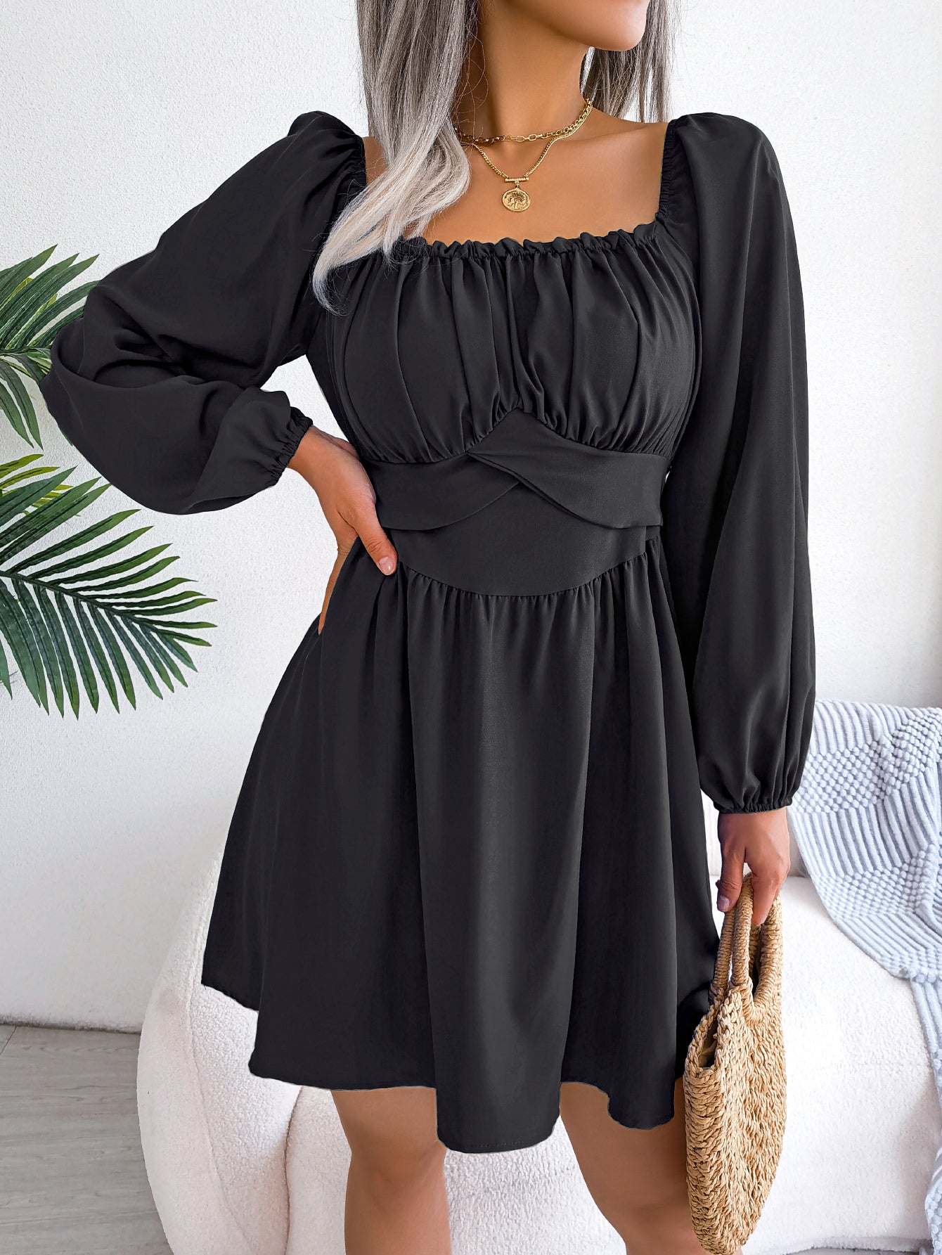 Women  Casual Solid Color Ruffle Square Neck Tie Waist Flowy Dress