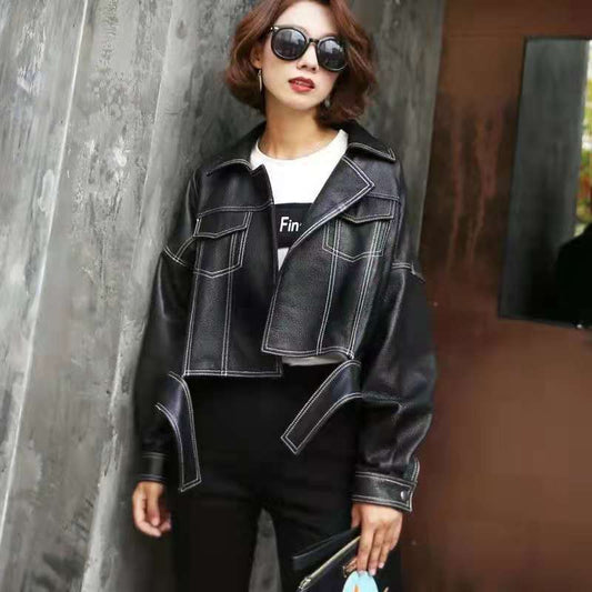 Black And White Line Lapel Women's PU Leather Jacket