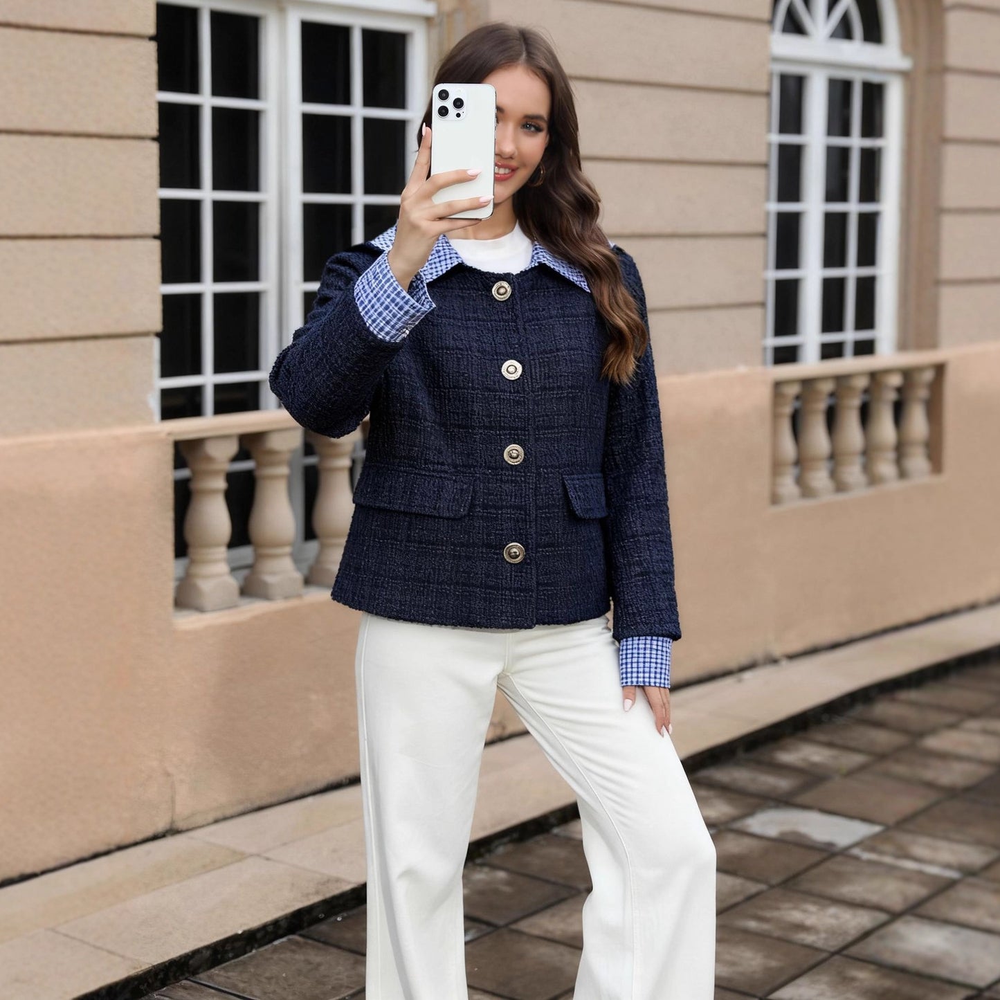 Women's Fashionable Color-block Plaid Lapel Coat
