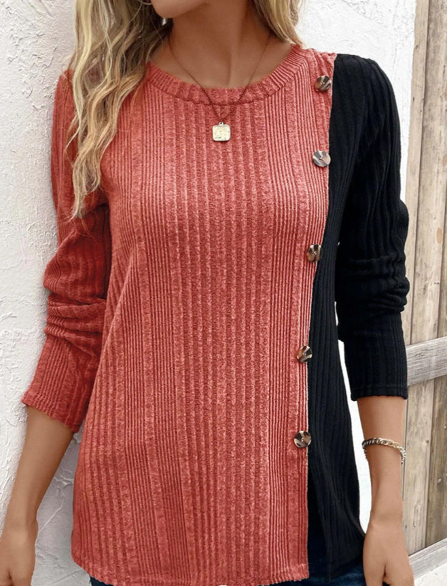 Solid Color Round Neck Sunken Stripe Brushed Slit Contrast Color Fashion Buttons